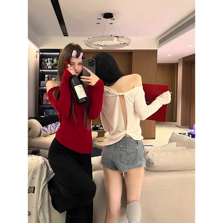 韩版休闲通勤穿搭红色设计感露背长袖高腰抽绳阔腿裤两件套装