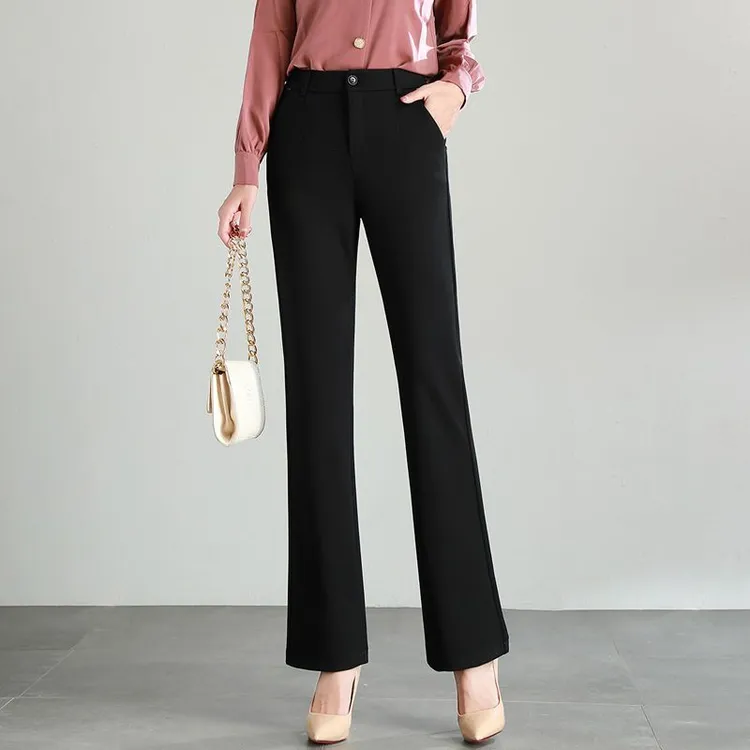 女裤直筒裤微喇裤女秋季修身显瘦坠感高腰黑色西装喇叭裤子