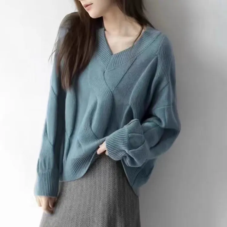 澳洲羊毛女士宽松V领羊毛衫慵懒风长袖网红针织衫 韩版时尚打底衫