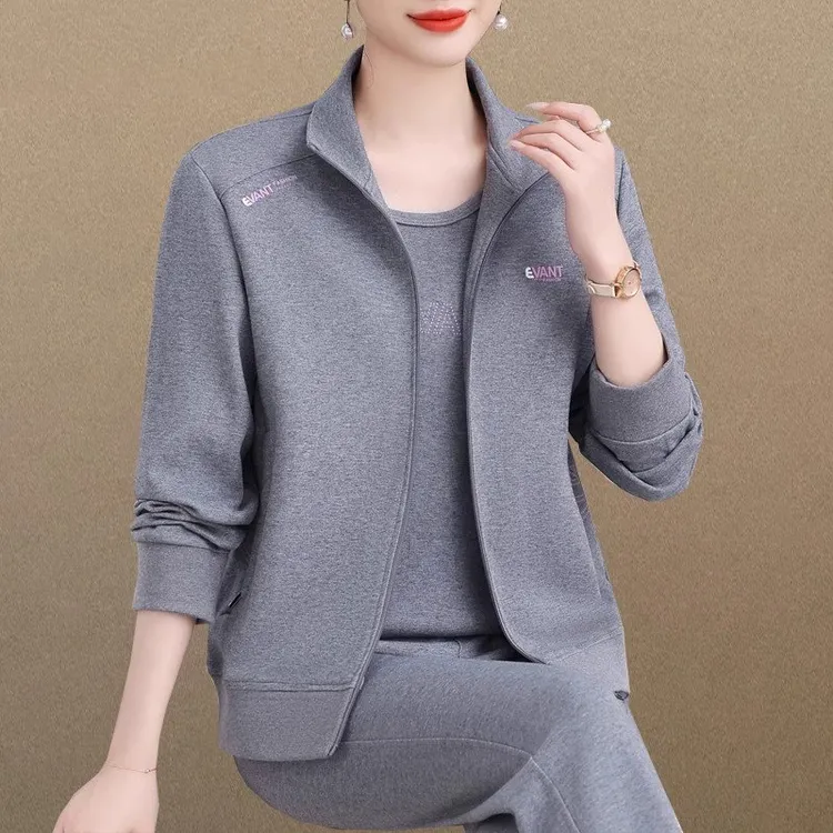 时尚开衫运动服套装女春秋2025新款中年妈妈休闲跑步服卫衣三件套