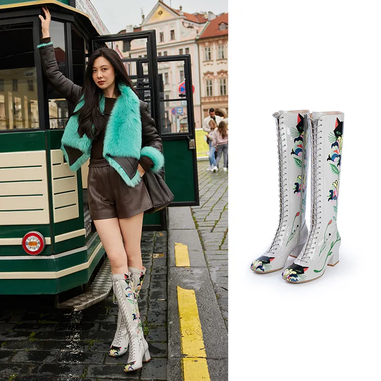 TRACY CHU艺术收藏重工手绘小猫漆皮长靴时尚舒适百搭（跟高5.5cm）