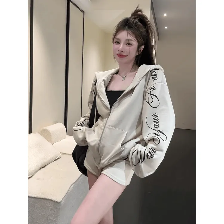 2025早春新款拉链时尚连帽卫衣外套秋冬辣妹系绳字母印花短裤套装
