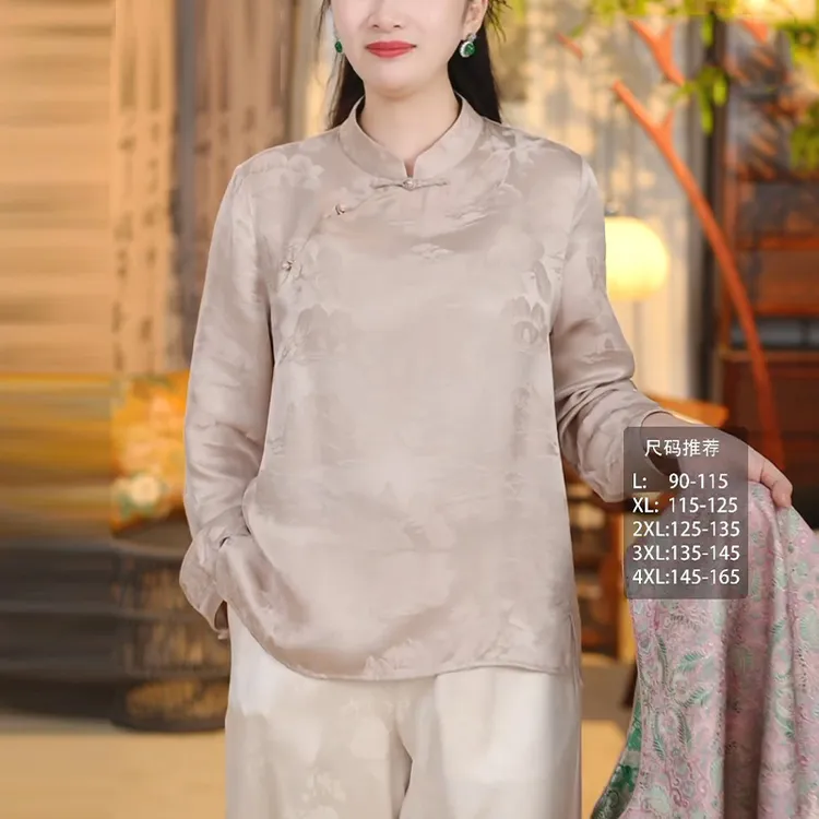 新中式改良旗袍上衣女装长袖小衫早秋新款衬衣中国风人丝打底衬衫