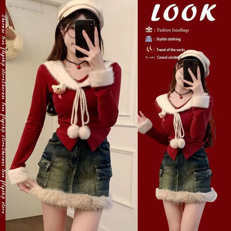 今年流行一整套女2025秋冬新款洋气甜美拼接上衣牛仔短裙两件套装