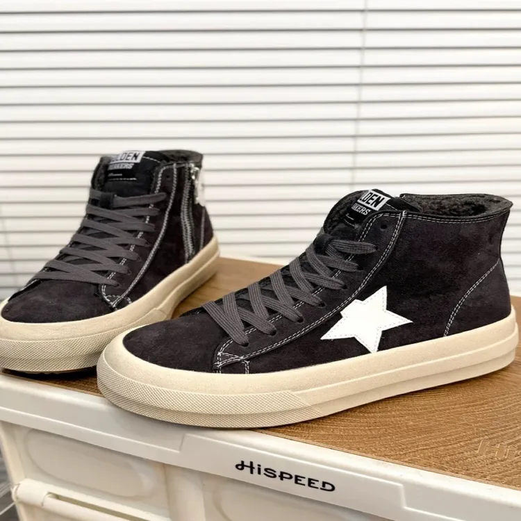 热门东大门复古做旧真皮加绒保暖星星小脏鞋时尚高帮厚底百搭板鞋