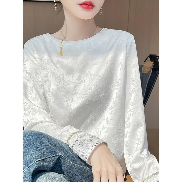2025春夏新款气质奢华缎面圆领衬衫女新中式素雅提花休闲打底衬衣