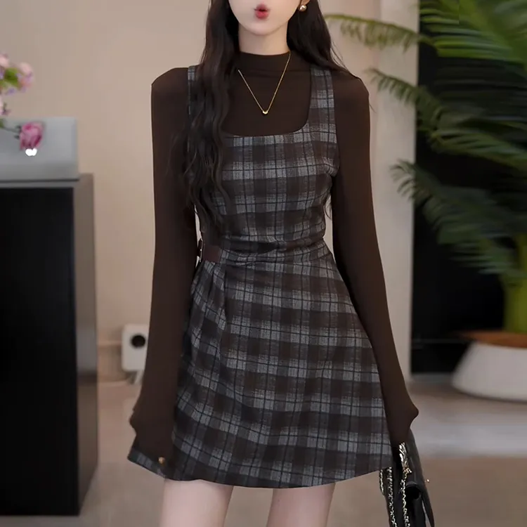 设计感打底衫+背带连衣裙两件套女2025秋季新款时尚百搭通勤衣服