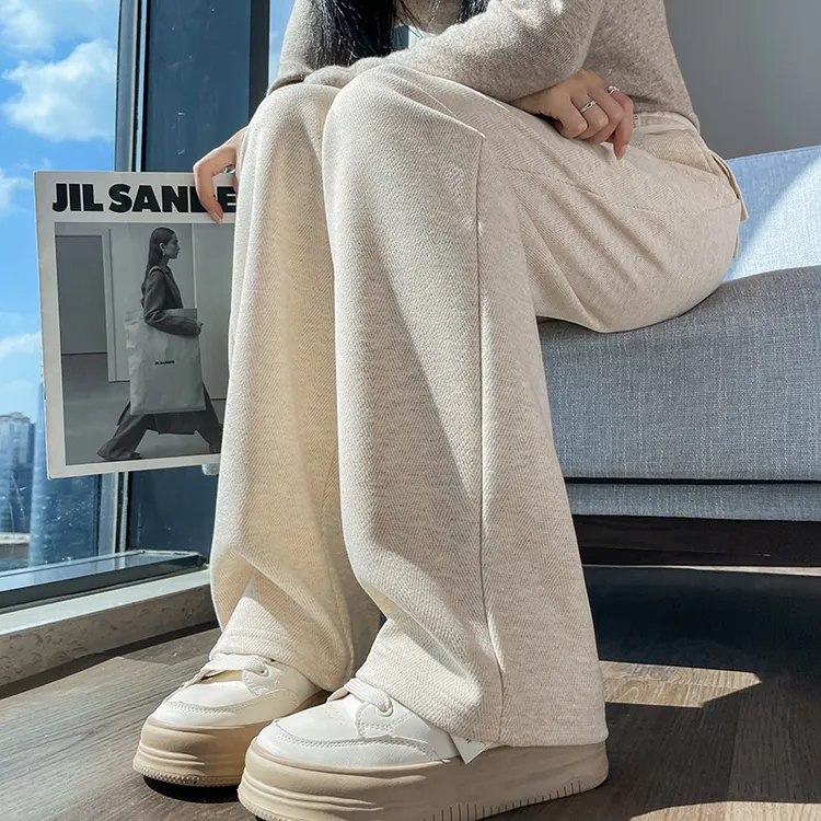人字纹窄版阔腿裤女毛呢九分小个子大码加绒直筒长裤子加厚秋冬季