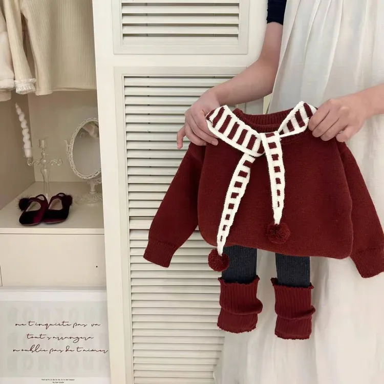 新年安可拉红色毛衣2025秋冬季叠穿披肩针织衫上衣女童套装洋气潮