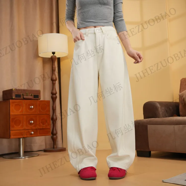 几何坐标-秋冬加绒弯刀裤25839显瘦百搭女士牛仔高腰宽松阔腿裤