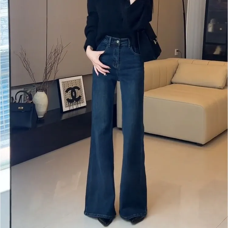 蓝色复古不贴腿微喇牛仔裤女2025秋季新款高腰窄版直筒拖地喇叭裤