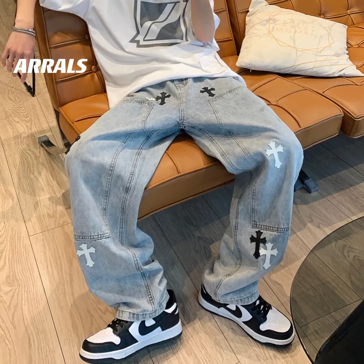 十字架牛仔裤男夏季高街ins潮牌宽松拖地长裤设计感小众直筒裤子