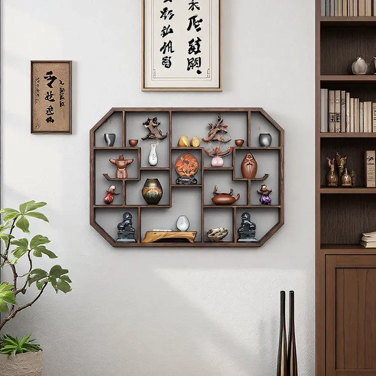 博古架实木新中式壁挂上墙茶具展示架挂墙收纳架现代多宝阁古董架