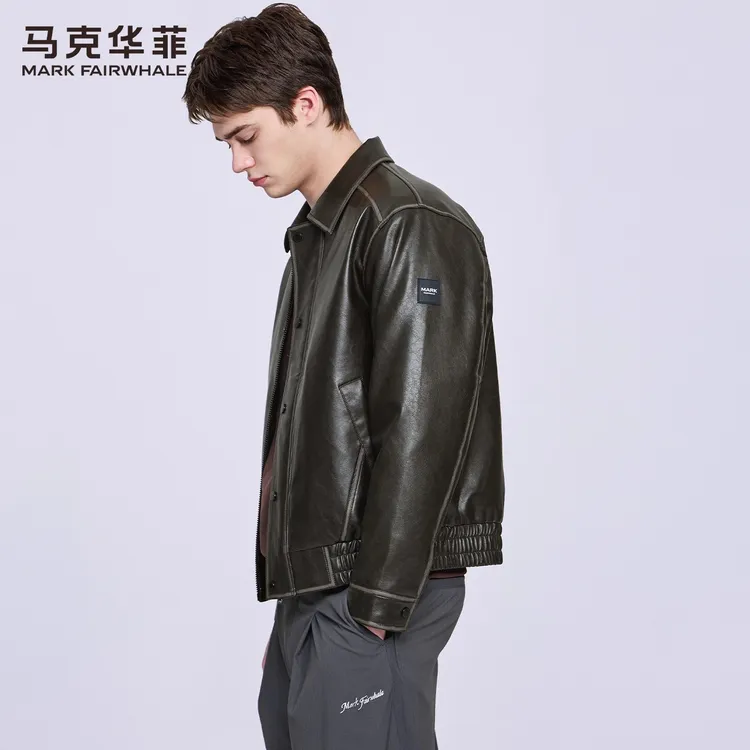 马克华菲机能美式翻领皮夹克男2025秋冬新款夹棉荔枝纹PU皮衣外套