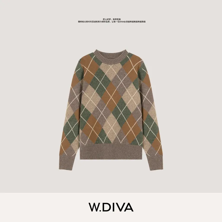 W.Diva【复古菱格】山羊绒羊毛秋冬英伦撞色提花长袖毛衫54Z113200