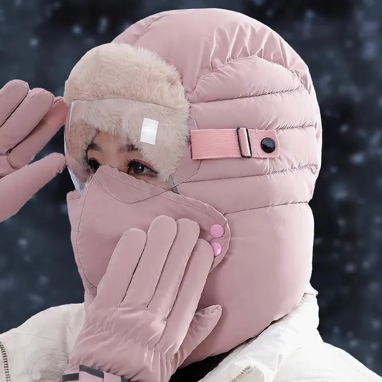 零下40东北哈尔滨加绒加厚保暖女冬帽围脖手套三件套眼镜雷锋帽男