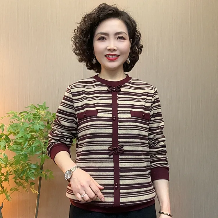 秋冬时尚条纹圆领百搭洋气流光风中老年妈妈装长袖减龄气质打底衫