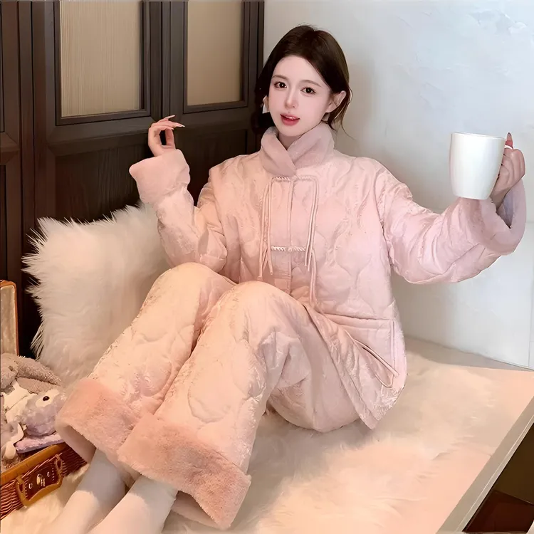 冬季新中式国风睡衣立领三层夹棉加绒加厚保暖珊瑚绒可外穿家居服