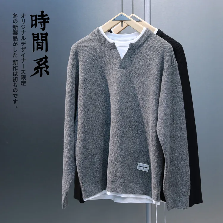 【时间系】高品质V领假两件针织衫男毛衣冬季新款