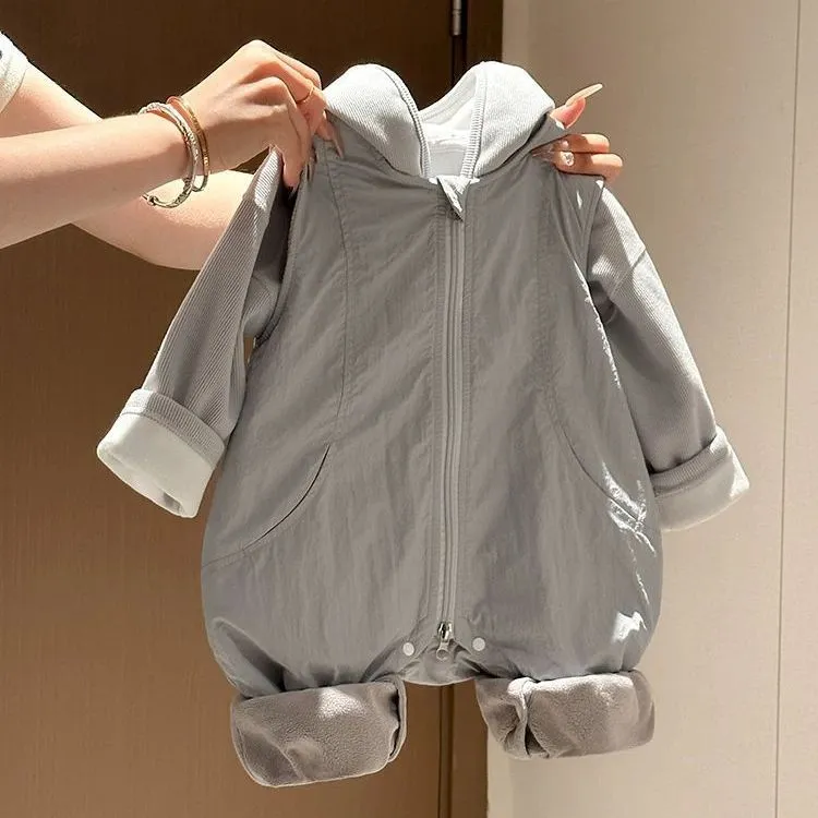 婴儿连体衣背带套装宝宝加绒保暖裤新生儿秋季外穿超萌两件套套装