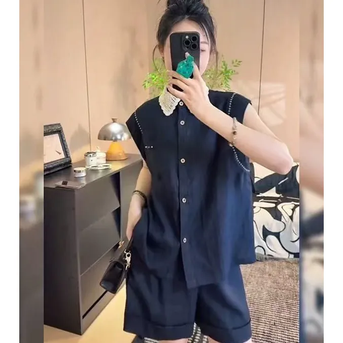 夏装减龄穿搭一整套女蕾丝翻领无袖马甲短裤棉麻两件套时尚套装潮