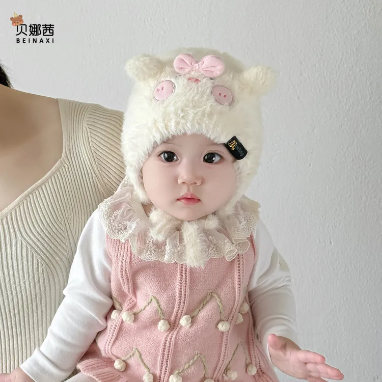 Beinaqian/贝娜茜婴儿帽子秋冬宝宝可爱针织帽婴幼儿新生儿护耳帽