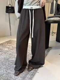 2025羊绒弯刀裤拼接松紧腰休闲裤窄版长裤休闲百搭抽绳