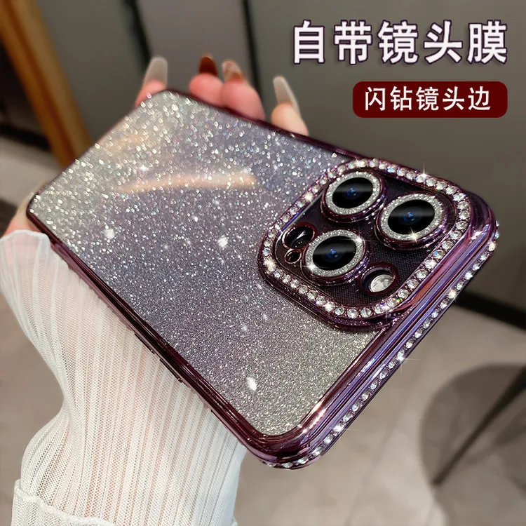 适用iPhone16PROMAX电镀单排钻镜头膜手机壳苹果14PRo渐变T手机壳