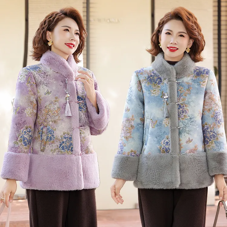 妈妈装加绒加厚外套冬季仿水貂绒中老年女装国风保暖气质加厚外穿