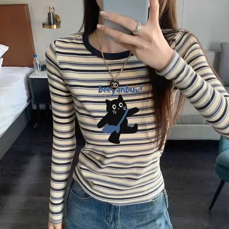 小众设计感正肩条纹圆领长袖t恤女时尚百搭宽松休闲上衣打底衫秋