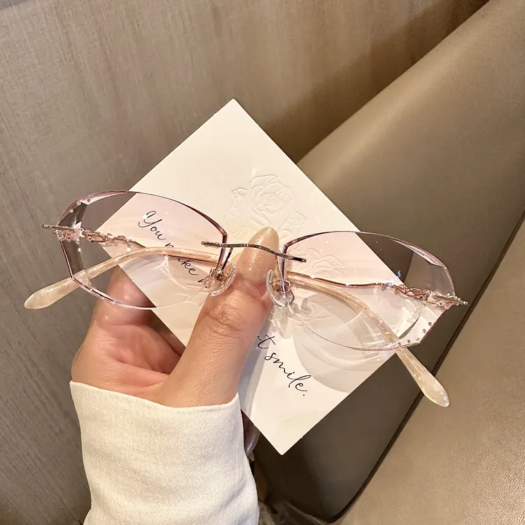 无框小片型切边近视眼镜女可配度数渐进色修饰脸型8001