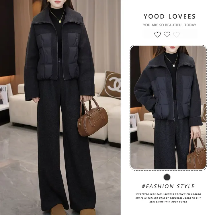 时尚套装女2025冬季新款宽松毛呢拼接棉服外套阔腿裤气质两件套潮