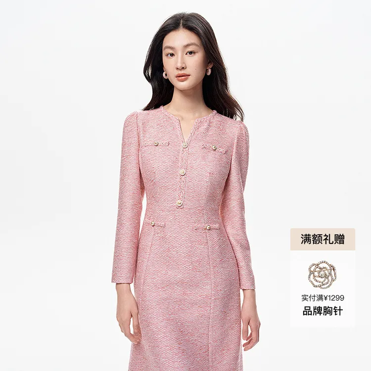 珂莱蒂尔新款法式优雅香风气质修身柔软连衣裙A字裙子