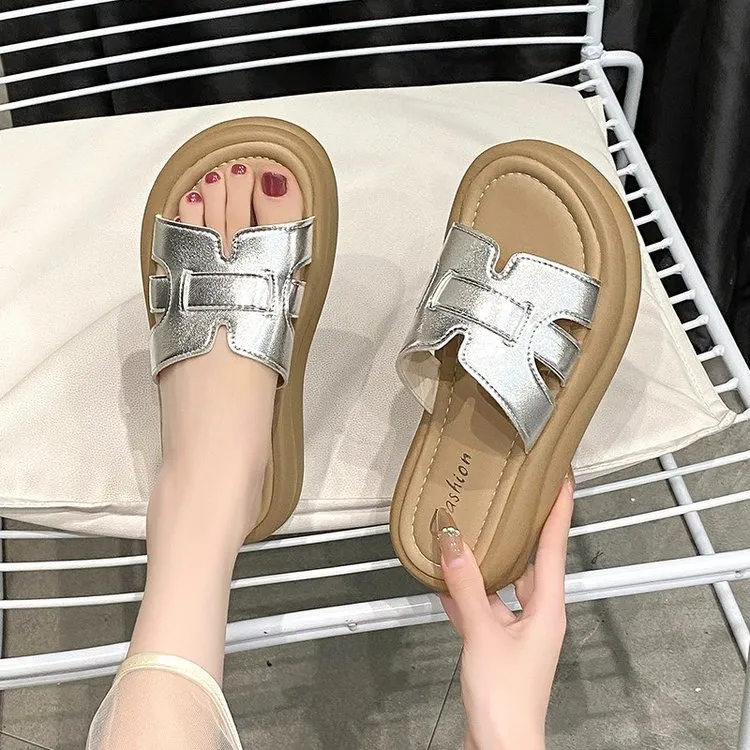慵懒透气编织~！5cm厚底增高外穿拖鞋女夏季ins沙滩透气一字凉拖