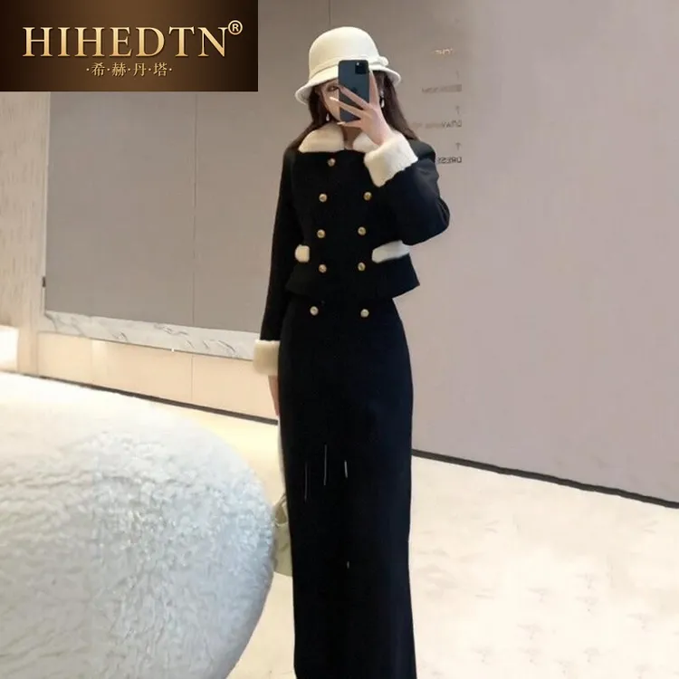 2025新款毛呢翻领短款外套直筒裤女冬季高级感黑白撞色两件套装