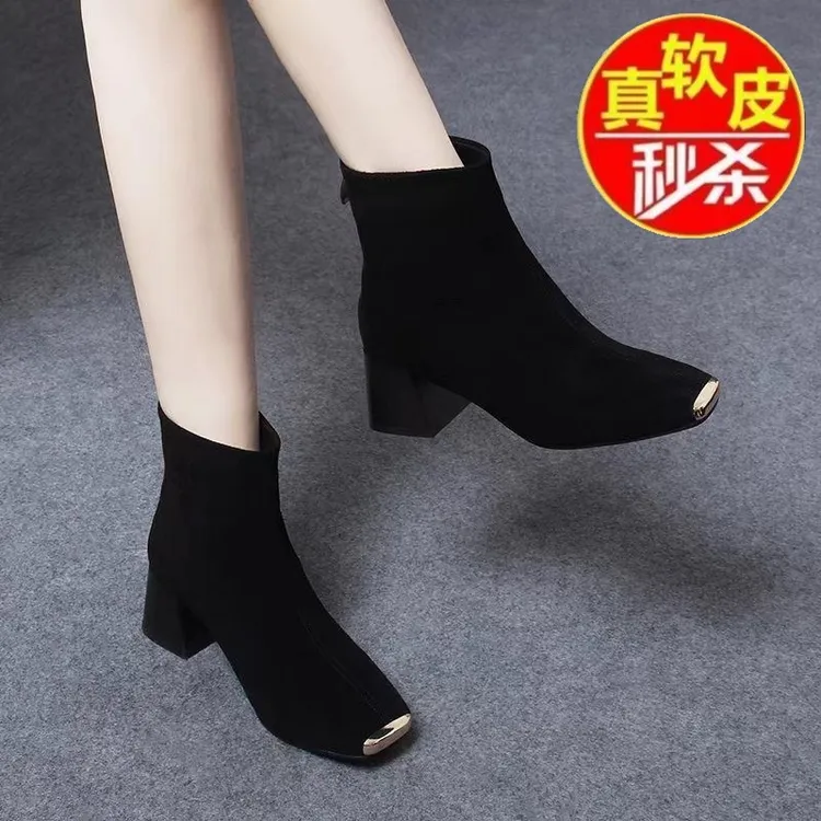 品牌断码真皮冬粗跟方头中跟磨砂短靴女靴软皮单靴女秋冬新款穿搭