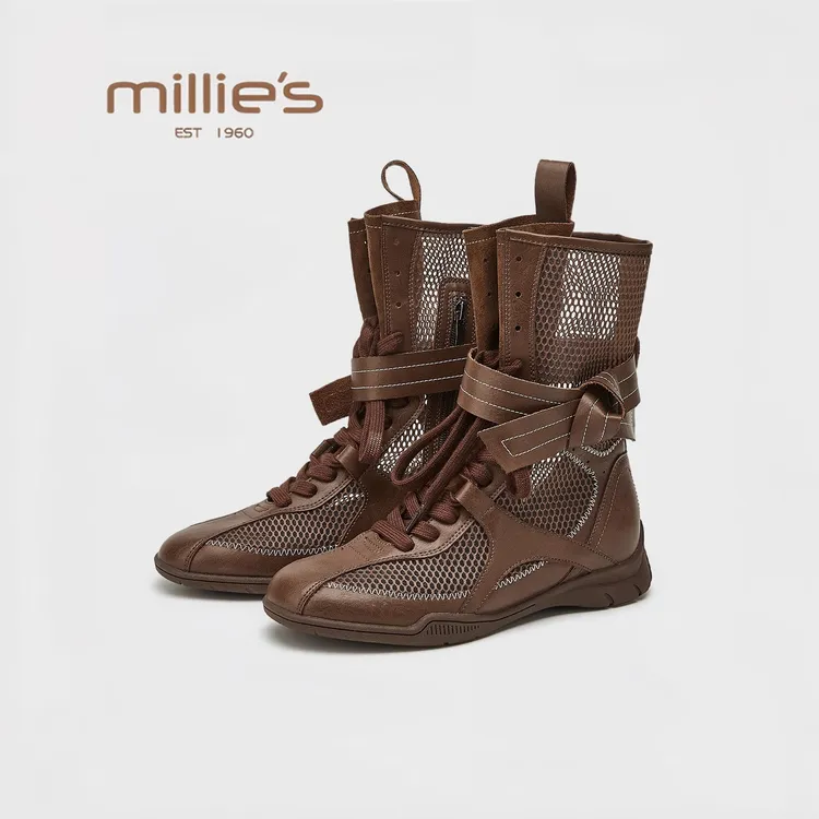 MILLIE'S/妙丽休闲网面凉靴女2025夏拳击猎鸭靴系带圆头百搭单靴