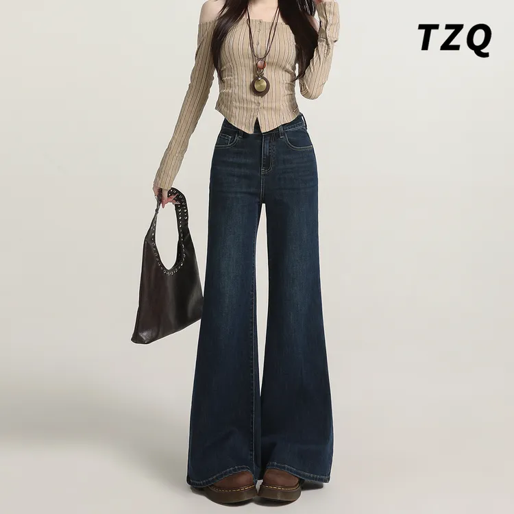 美式不贴腿深蓝牛仔裤女款爆款2025秋装新款小个子百搭显瘦微叭裤