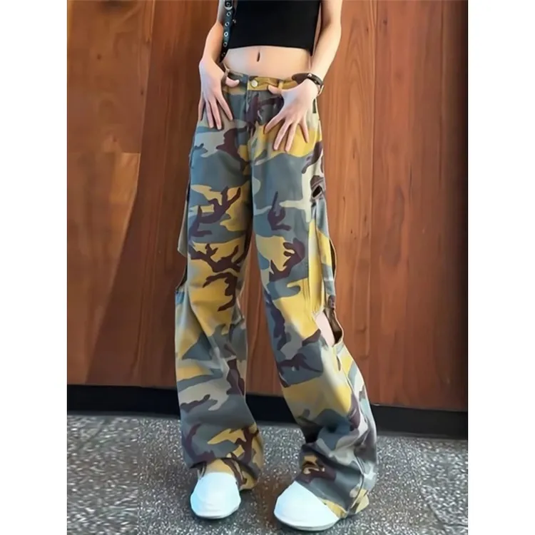 迷彩裤女秋季薄款美式工装裤阔腿裤高腰显瘦时尚破洞嘻哈直筒长裤