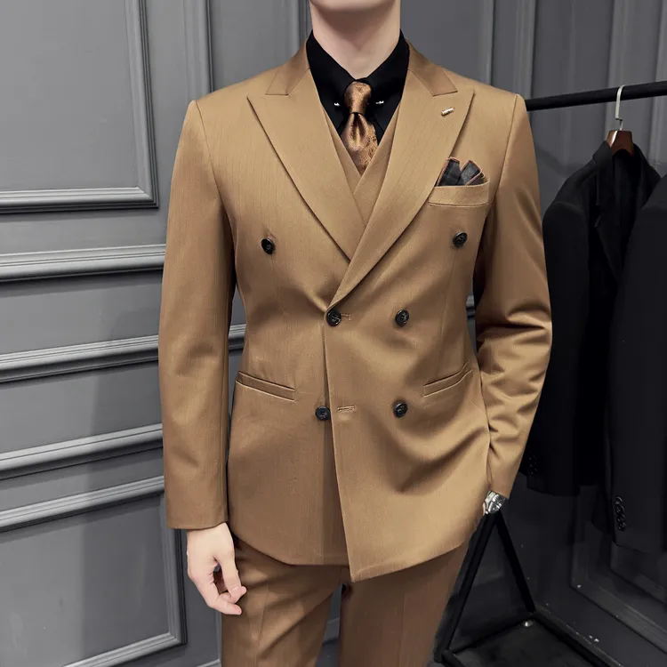 高档咖啡色暗条纹双排扣西服男士韩版新郎结婚西装礼服商务宴会男