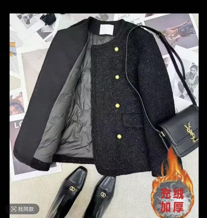 黑色长款亮晶晶加厚保暖充棉内胆精致外套小香风X5692