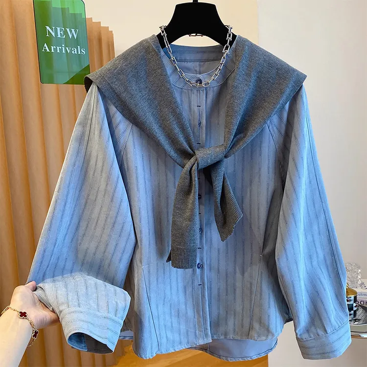 韩系减龄披肩条纹衬衫上衣两件套女装春秋新款大码宽松小衫百搭潮