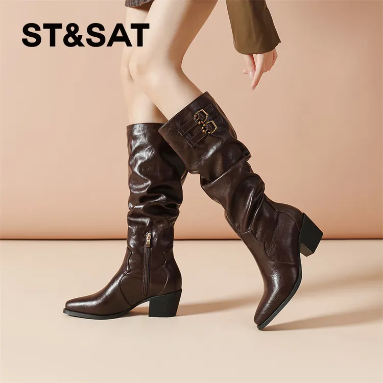 星期六真皮6cm增高尖头不过膝长靴女款2025冬季加绒褶皱长筒靴子