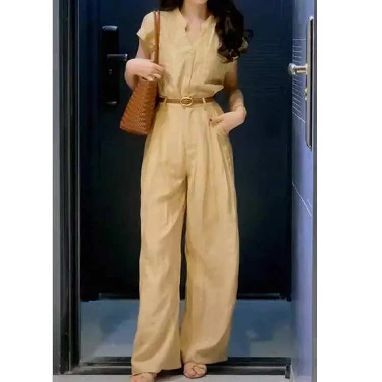 2025夏季新款法式复古修身百搭V领短袖上衣气质高腰显瘦阔腿长裤