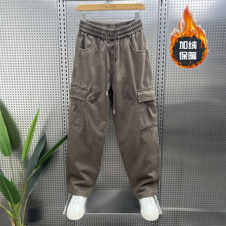 冬季新款美式复古加绒多口袋工装裤男宽松阔腿潮流百搭休闲直筒裤