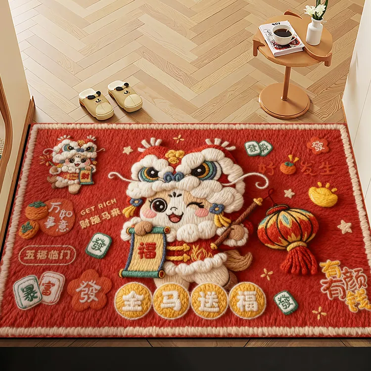 卡通马年红色入户门地垫新款喜庆防滑除尘耐磨脚垫玄关大门口地毯