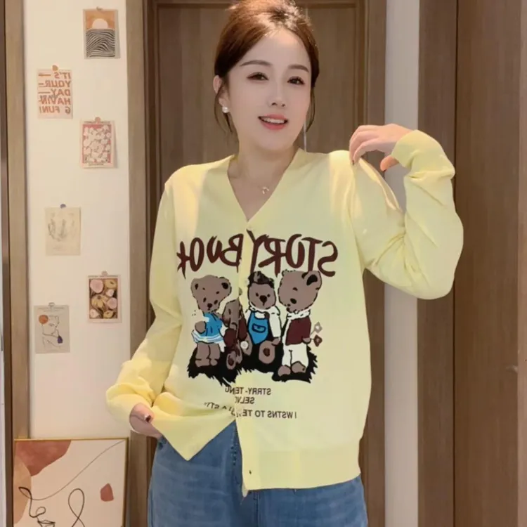 2025春季新款休闲百搭时尚小衫 印花简约风长袖小v领针织T恤衫女