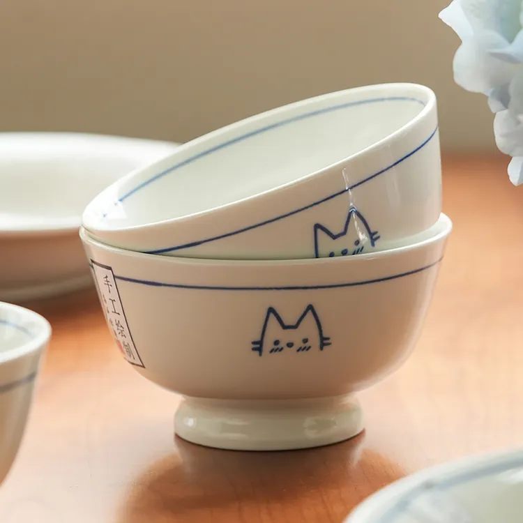 肆月筑梦乐园高颜值日式陶瓷碗釉下彩猫咪米饭碗单个吃饭的小碗