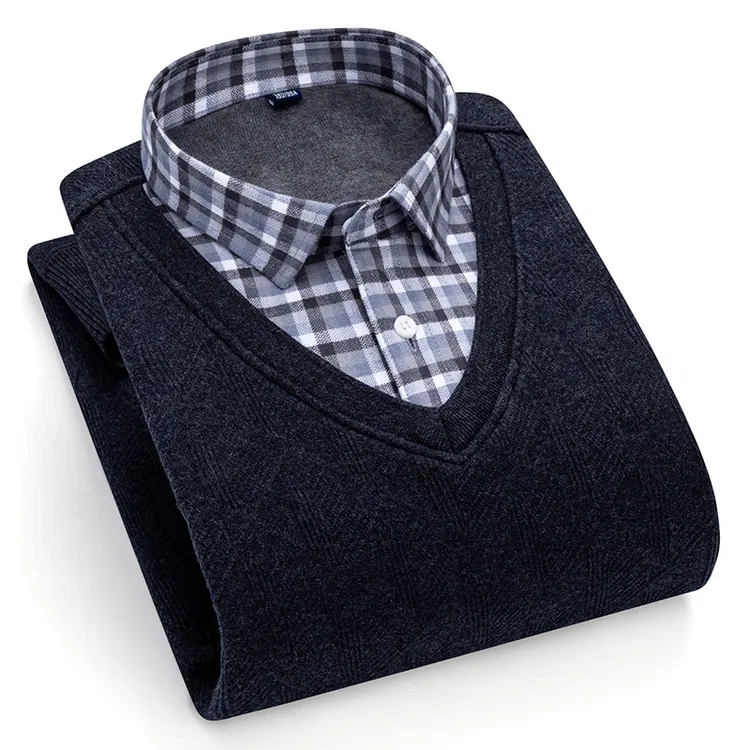 冬季加绒加厚假两件男士衬衫长袖保暖青中年爸爸男装针织衫毛衣