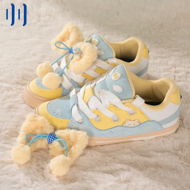 顽刻ollieskate面包鞋遇见小咪蓝黄白配色BAKE复古男女国潮滑板鞋